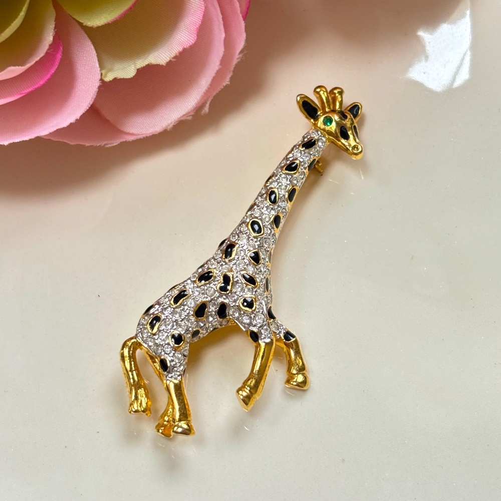 Vintage Gold and Black Giraffe Brooch with Green Rhinestone Eyes